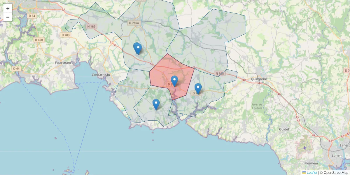 Carte de la zone du code postal  et des codes postaux voisins en France