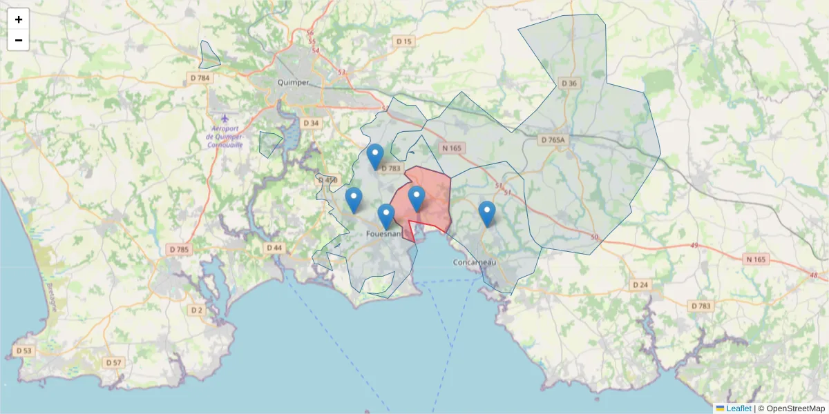 Carte de la zone du code postal  et des codes postaux voisins en France