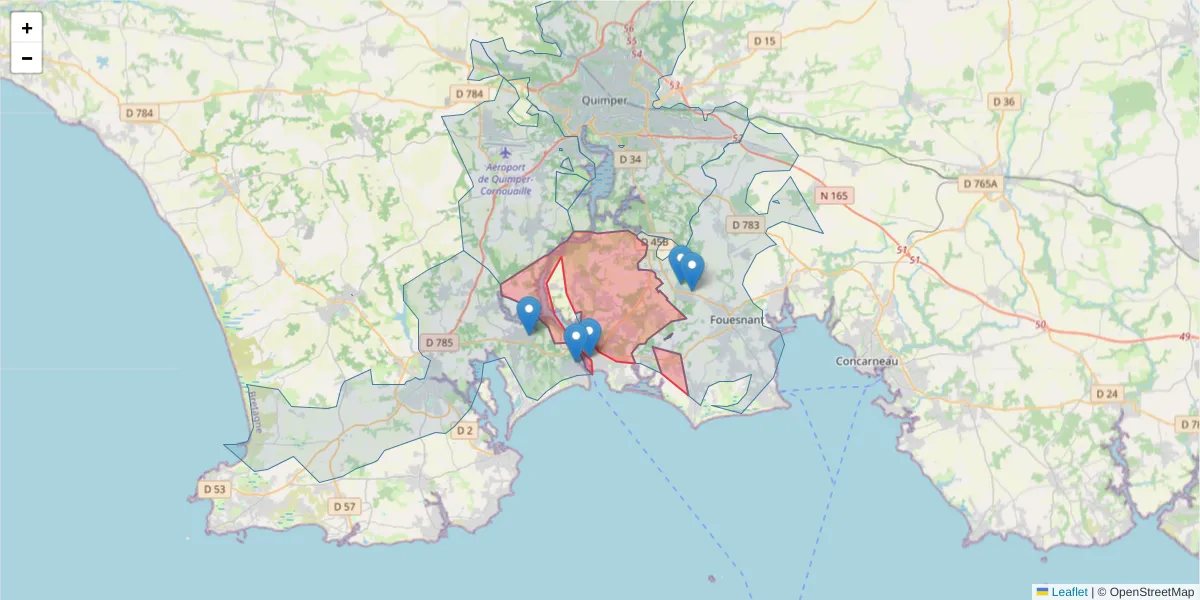 Carte de la zone du code postal  et des codes postaux voisins en France