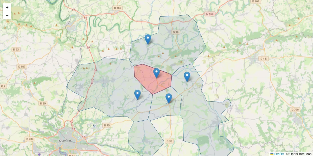 Carte de la zone du code postal  et des codes postaux voisins en France
