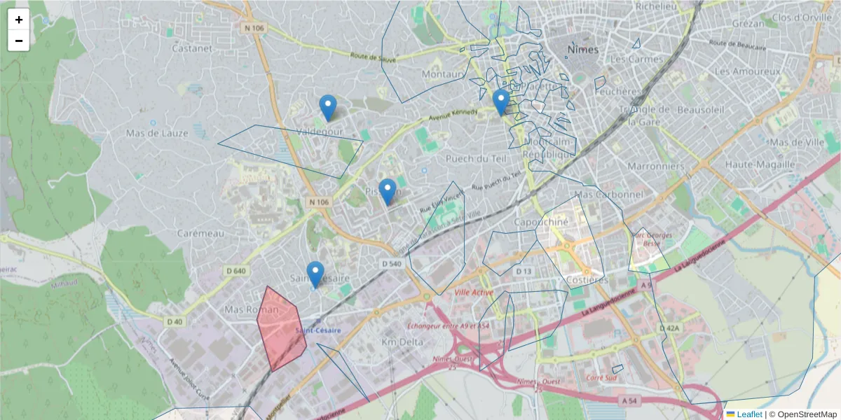 Carte de la zone du code postal  et des codes postaux voisins en France