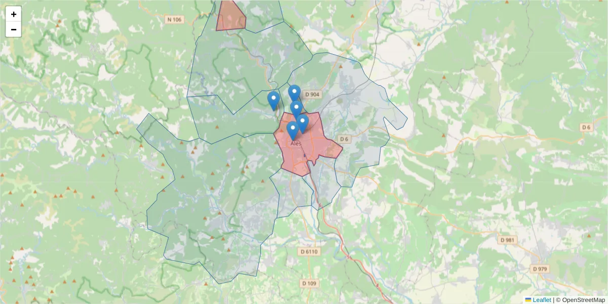 Carte de la zone du code postal  et des codes postaux voisins en France