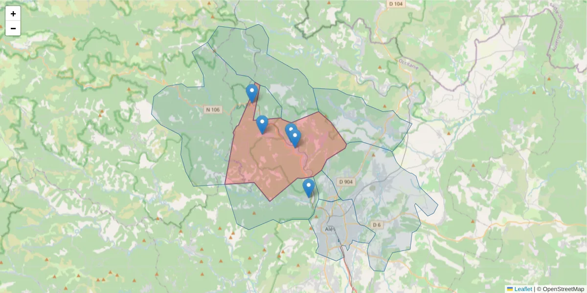 Carte de la zone du code postal  et des codes postaux voisins en France