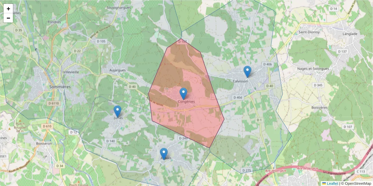 Carte de la zone du code postal  et des codes postaux voisins en France