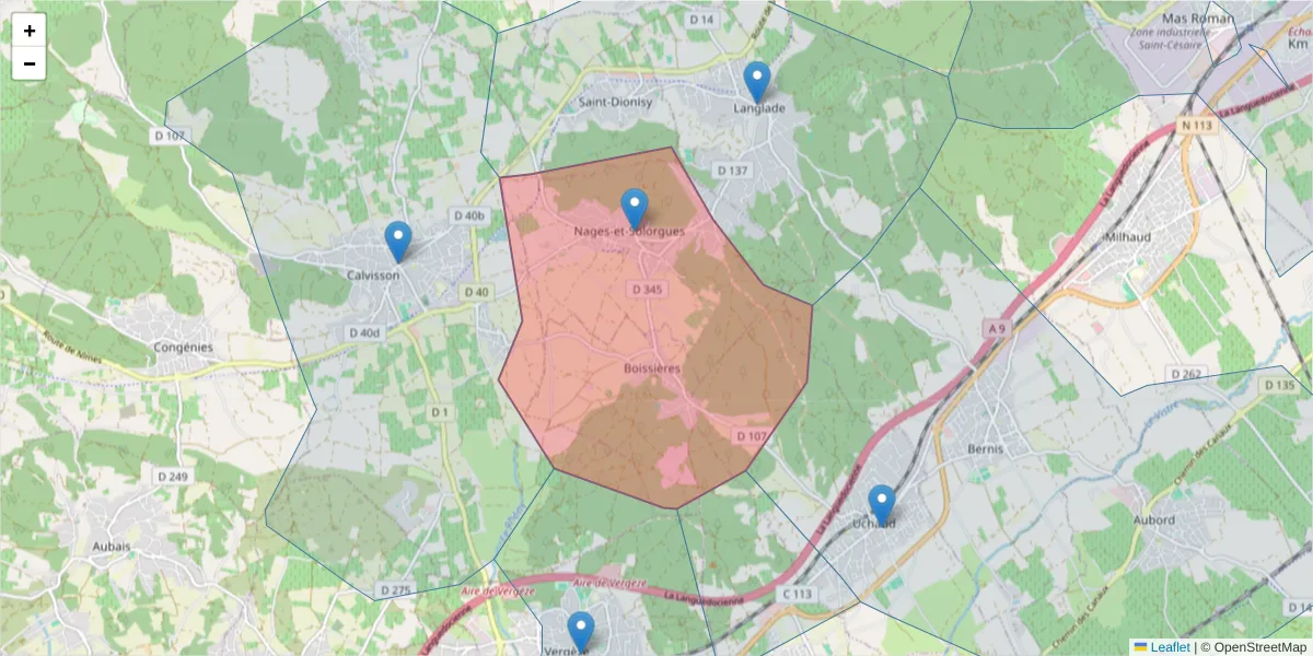 Carte de la zone du code postal  et des codes postaux voisins en France