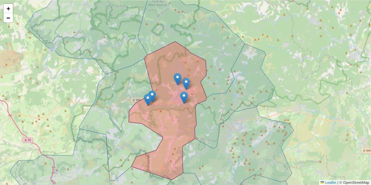 Carte de la zone du code postal  et des codes postaux voisins en France