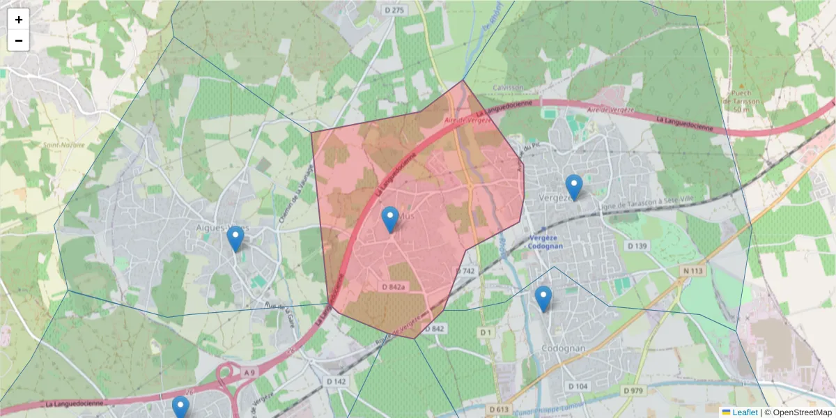 Carte de la zone du code postal  et des codes postaux voisins en France