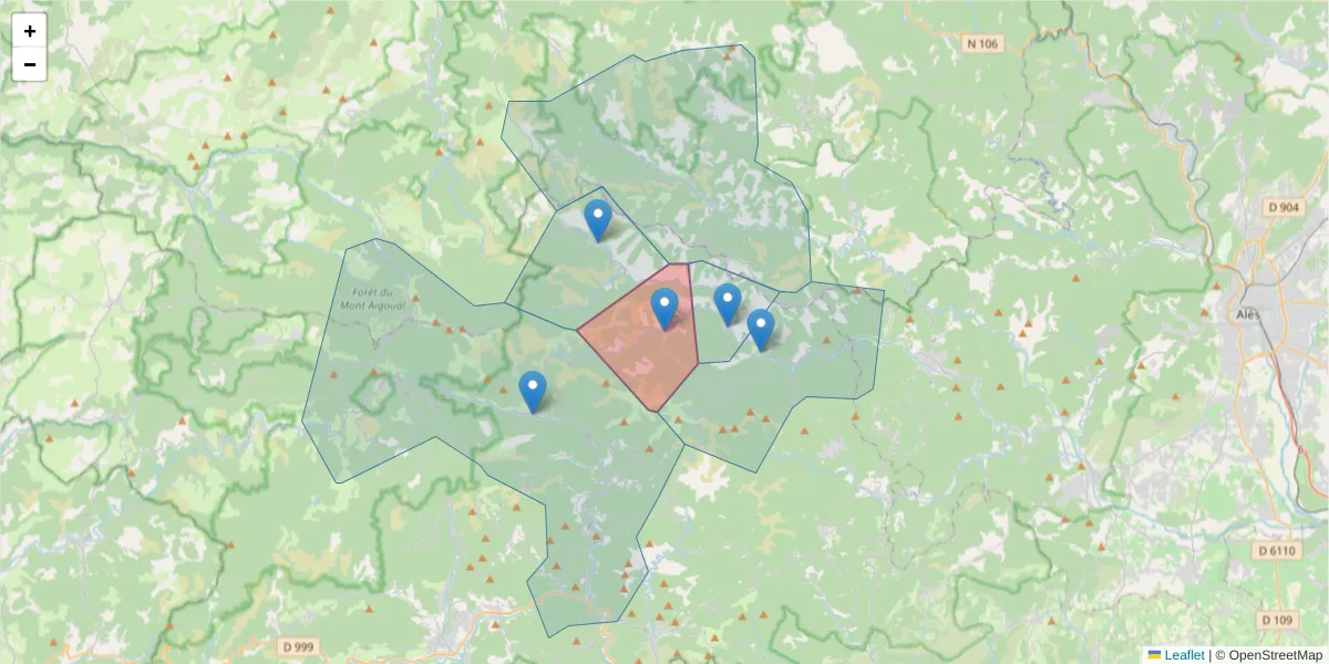 Carte de la zone du code postal  et des codes postaux voisins en France