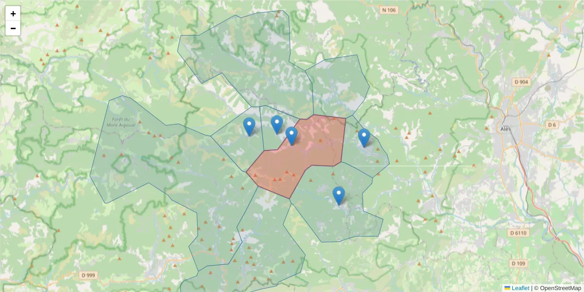 Carte de la zone du code postal  et des codes postaux voisins en France