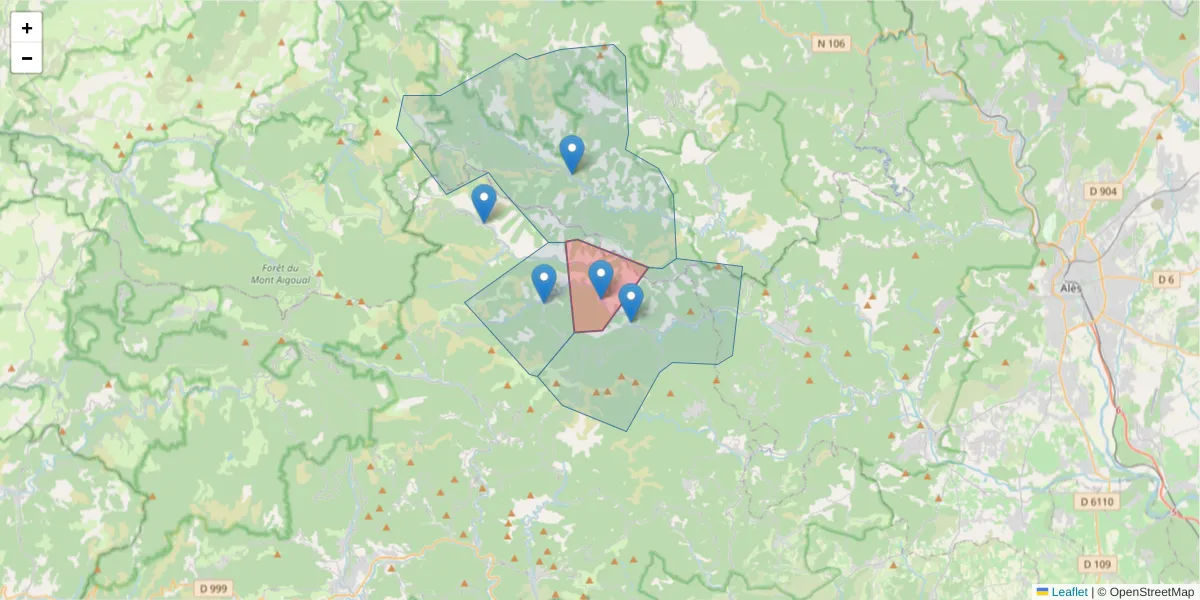 Carte de la zone du code postal  et des codes postaux voisins en France