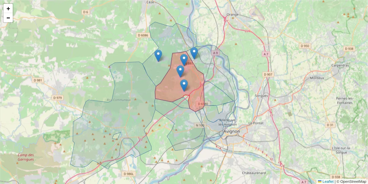 Carte de la zone du code postal  et des codes postaux voisins en France