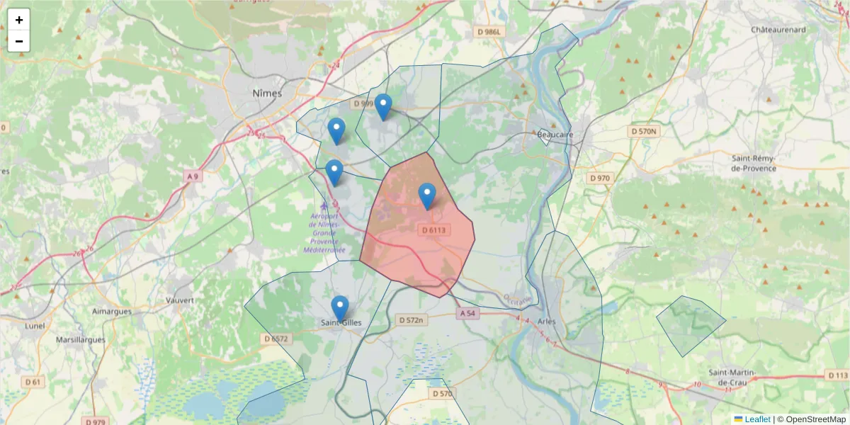Carte de la zone du code postal  et des codes postaux voisins en France