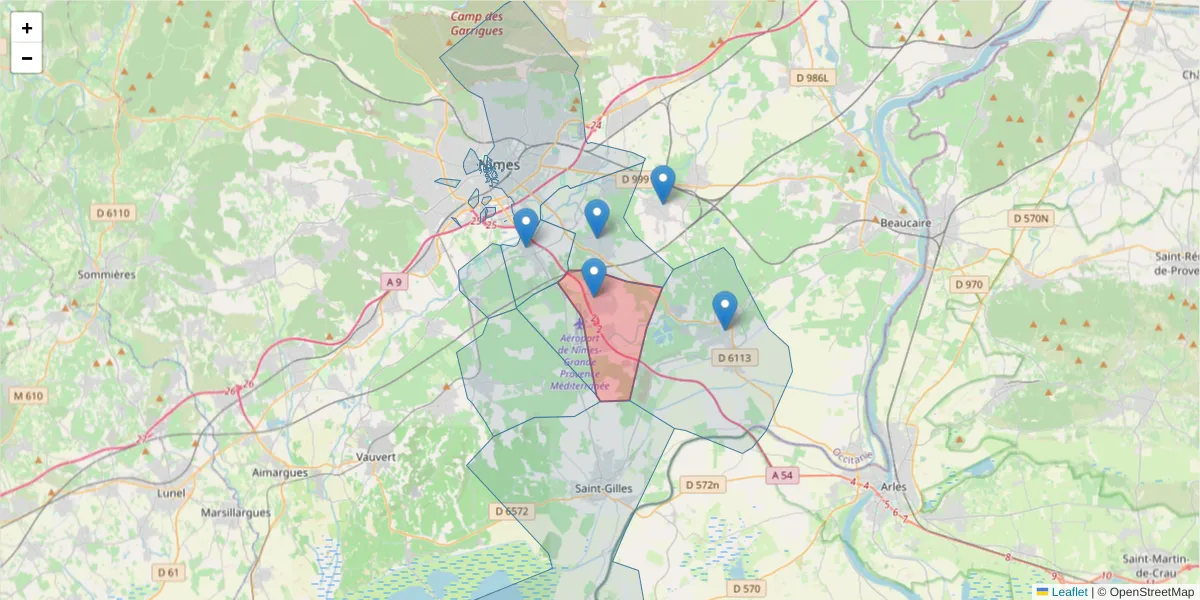 Carte de la zone du code postal  et des codes postaux voisins en France