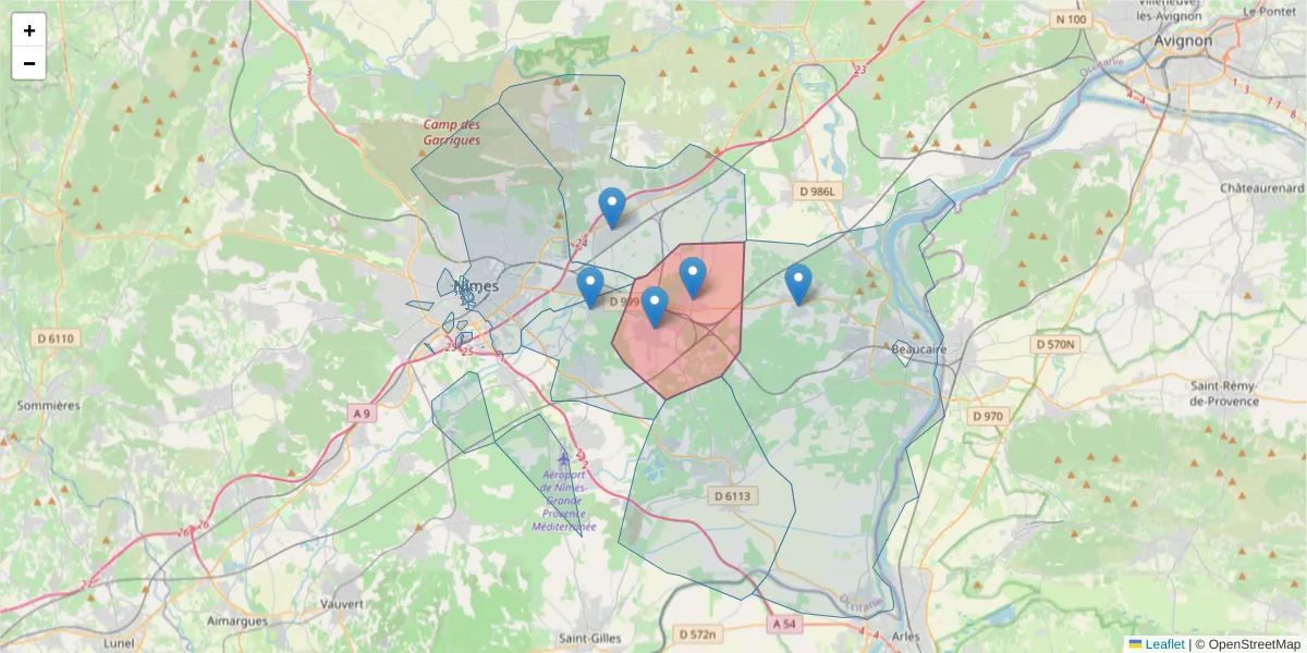 Carte de la zone du code postal  et des codes postaux voisins en France