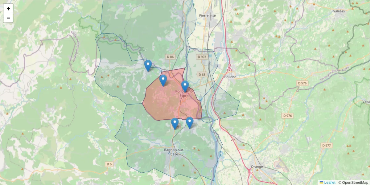 Carte de la zone du code postal  et des codes postaux voisins en France