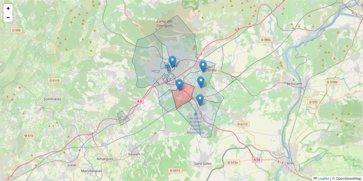 Carte de la zone du code postal  et des codes postaux voisins en France