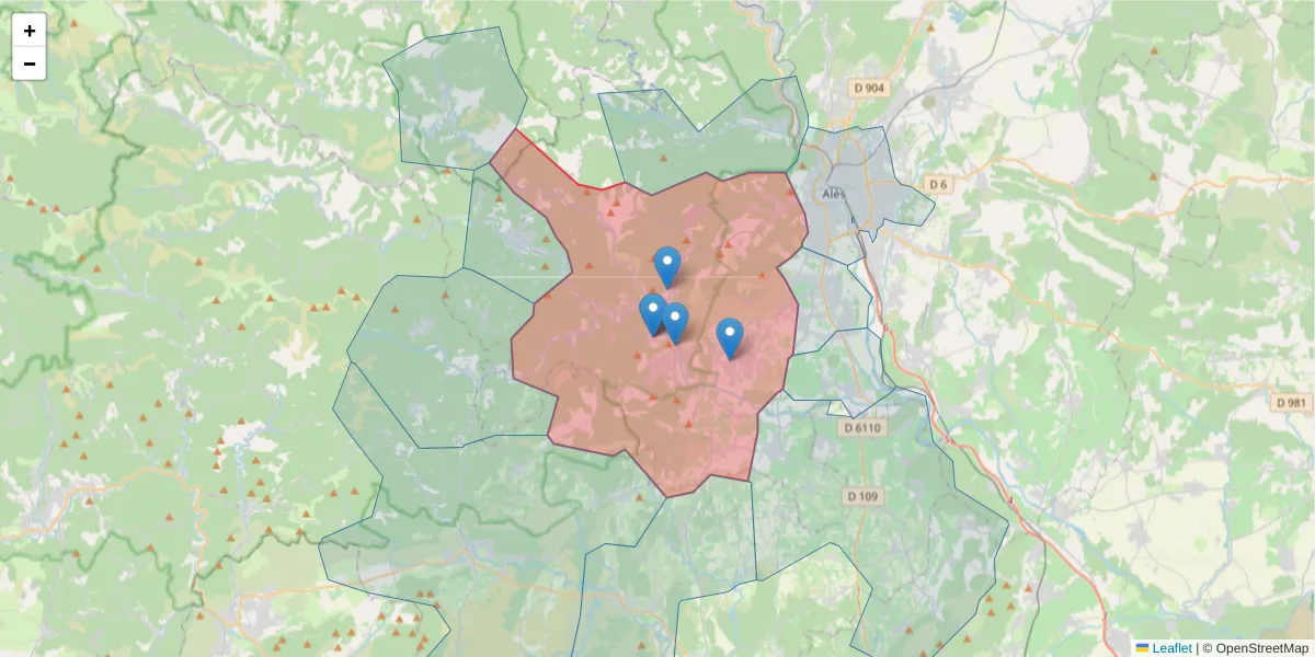 Carte de la zone du code postal  et des codes postaux voisins en France