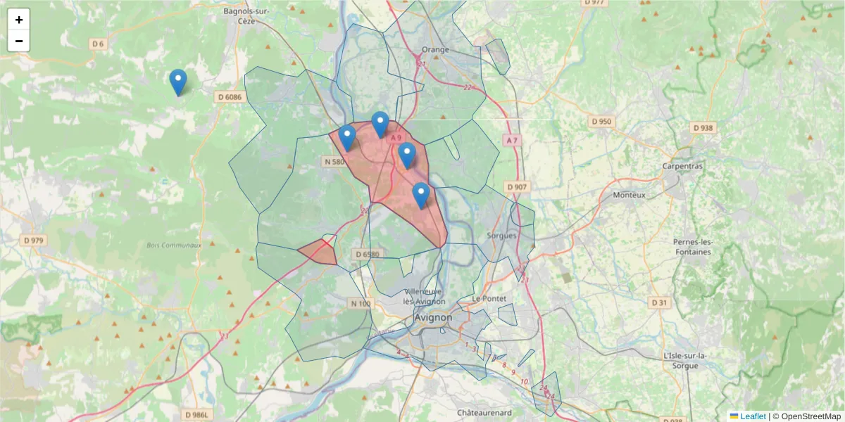 Carte de la zone du code postal  et des codes postaux voisins en France