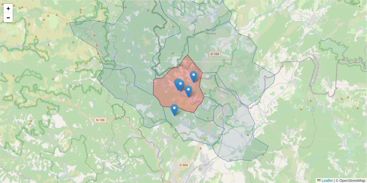 Carte de la zone du code postal  et des codes postaux voisins en France