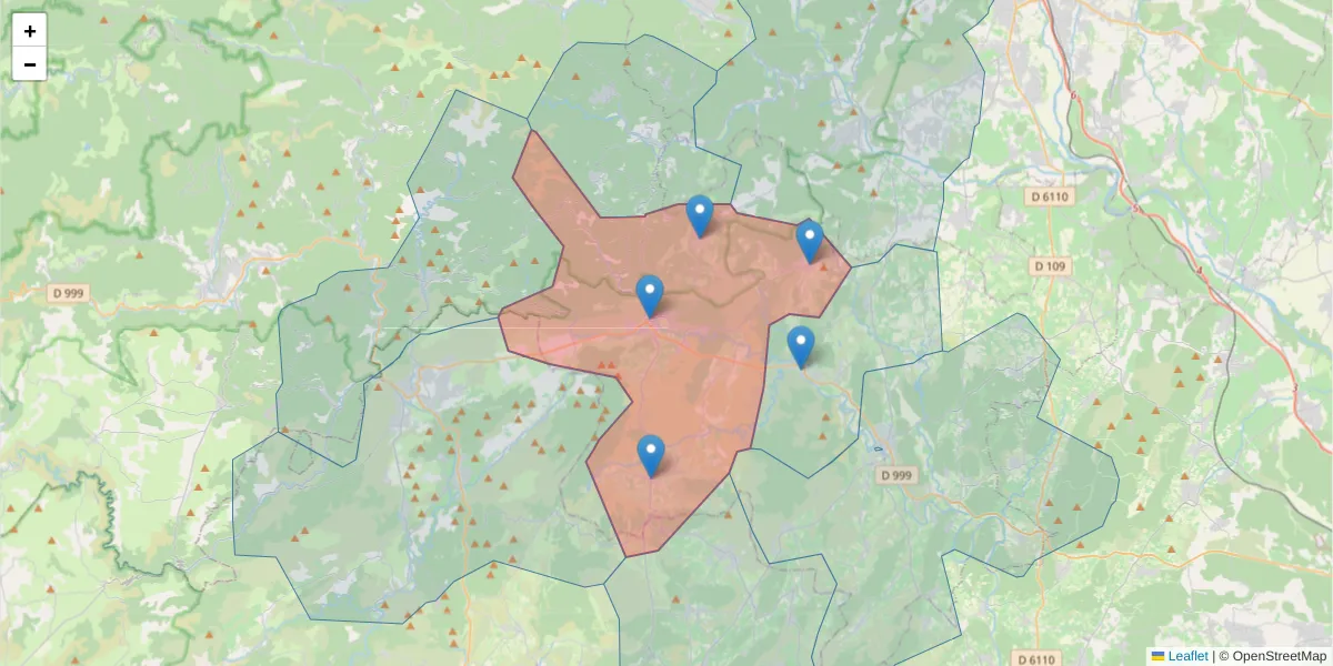 Carte de la zone du code postal  et des codes postaux voisins en France