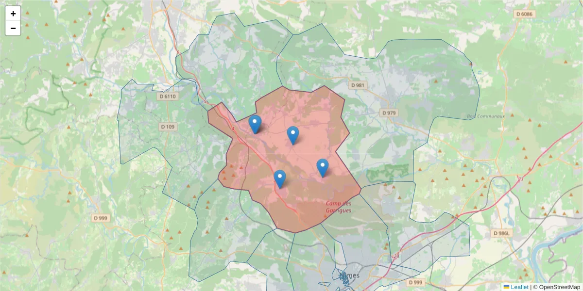 Carte de la zone du code postal  et des codes postaux voisins en France