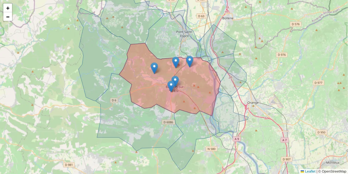 Carte de la zone du code postal  et des codes postaux voisins en France