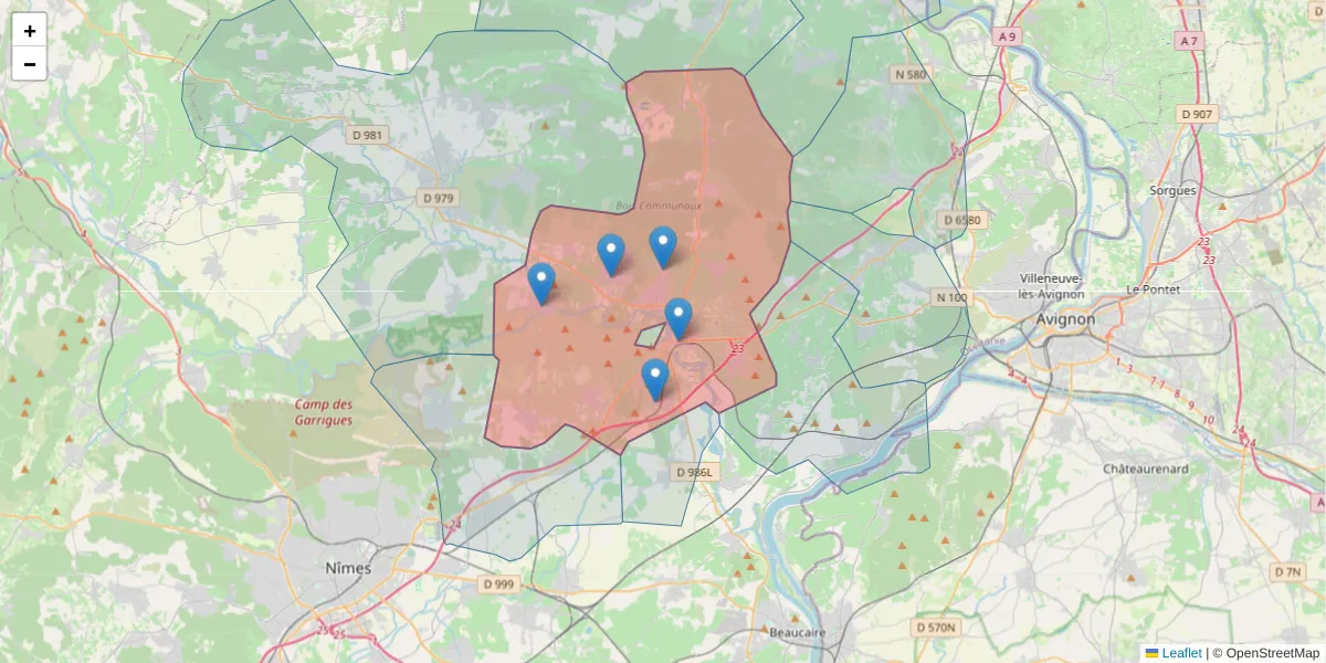 Carte de la zone du code postal  et des codes postaux voisins en France
