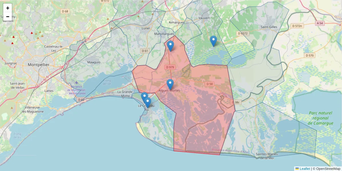 Carte de la zone du code postal  et des codes postaux voisins en France