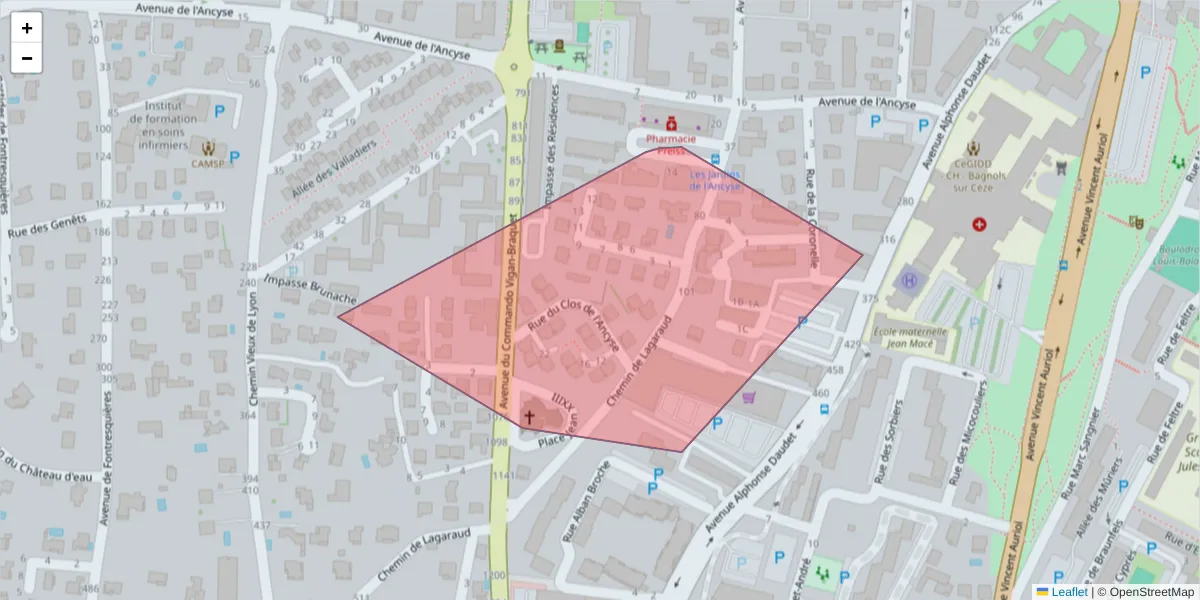 Carte de la zone du code postal  et des codes postaux voisins en France