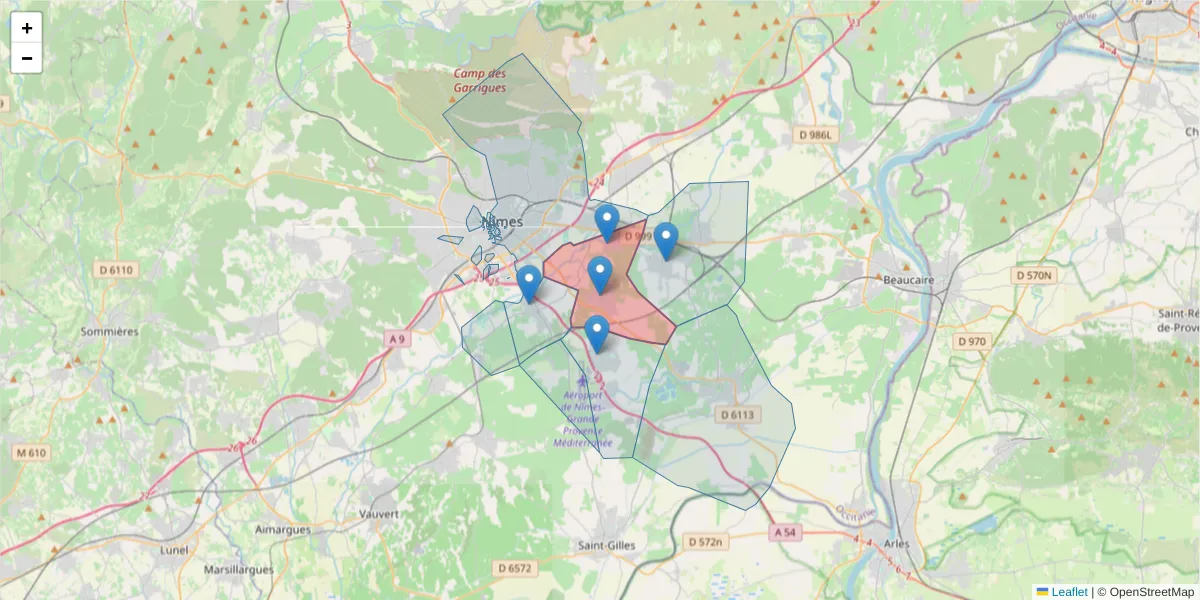 Carte de la zone du code postal  et des codes postaux voisins en France