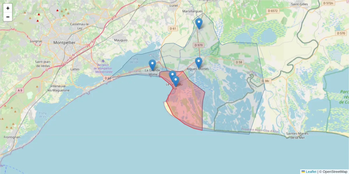 Carte de la zone du code postal  et des codes postaux voisins en France