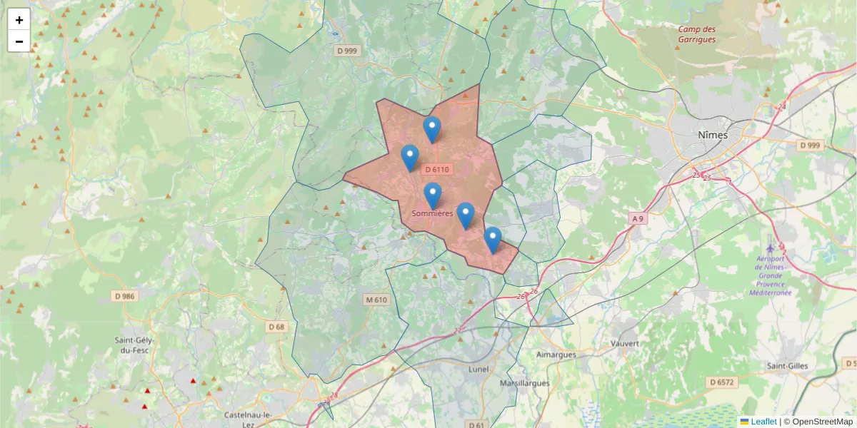 Carte de la zone du code postal  et des codes postaux voisins en France