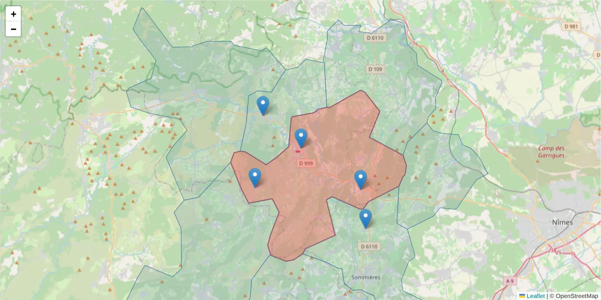 Carte de la zone du code postal  et des codes postaux voisins en France