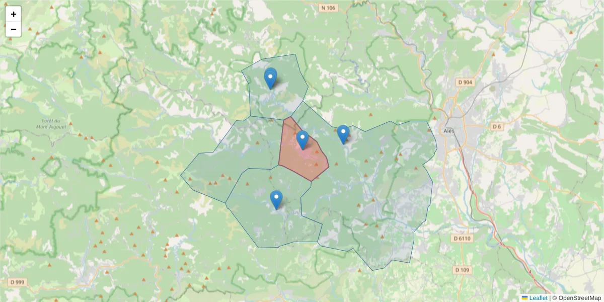 Carte de la zone du code postal  et des codes postaux voisins en France