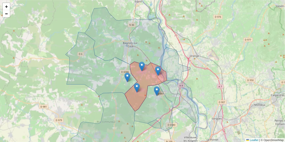 Carte de la zone du code postal  et des codes postaux voisins en France