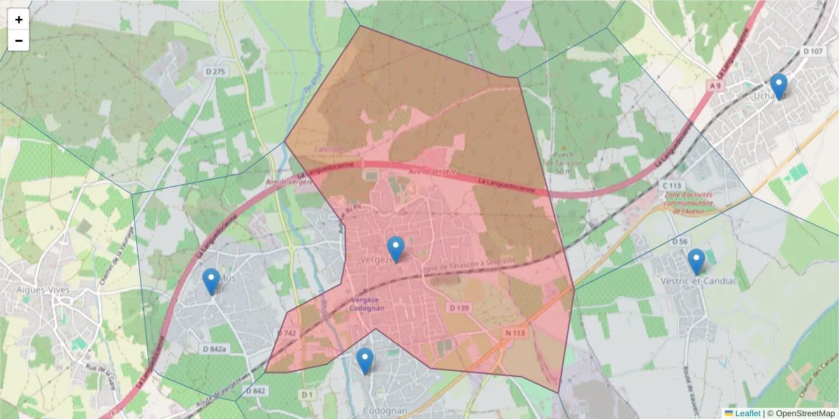 Carte de la zone du code postal  et des codes postaux voisins en France