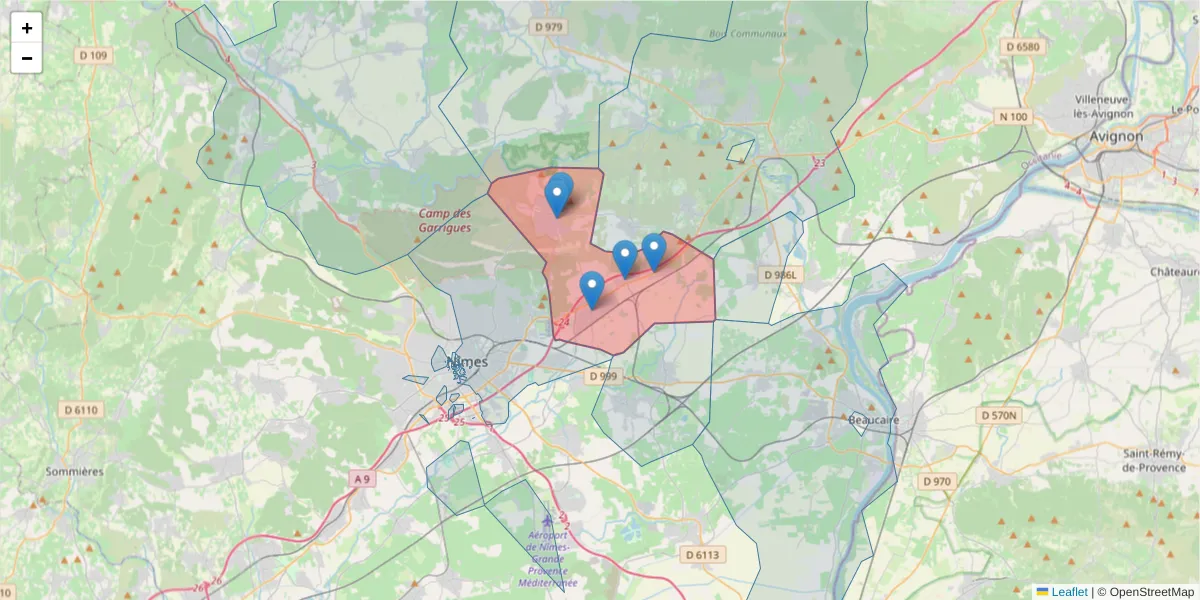 Carte de la zone du code postal  et des codes postaux voisins en France