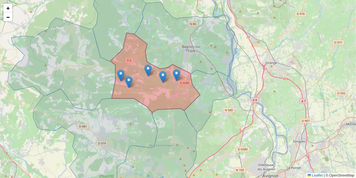 Carte de la zone du code postal  et des codes postaux voisins en France