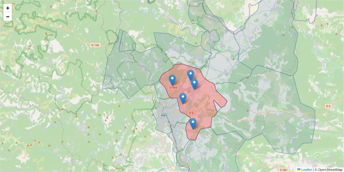 Carte de la zone du code postal  et des codes postaux voisins en France