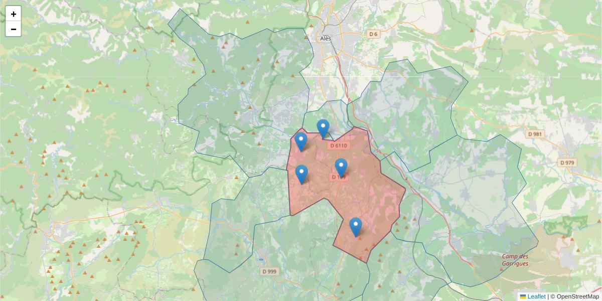 Carte de la zone du code postal  et des codes postaux voisins en France
