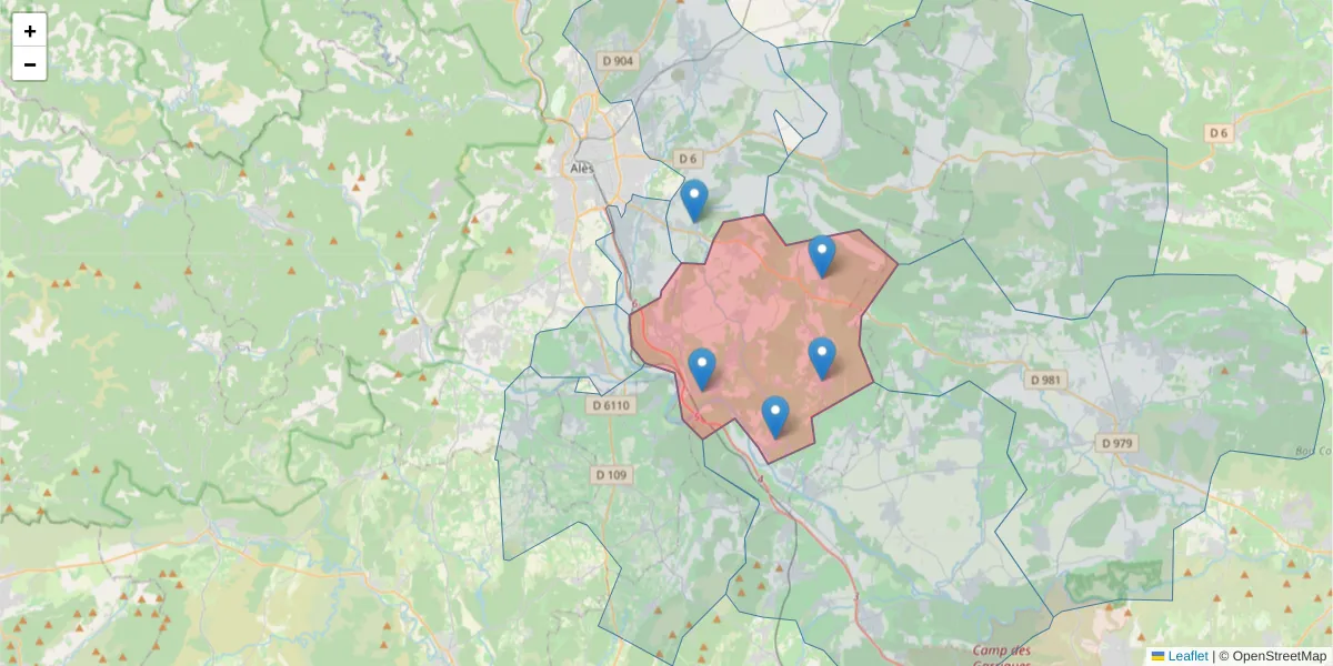 Carte de la zone du code postal  et des codes postaux voisins en France