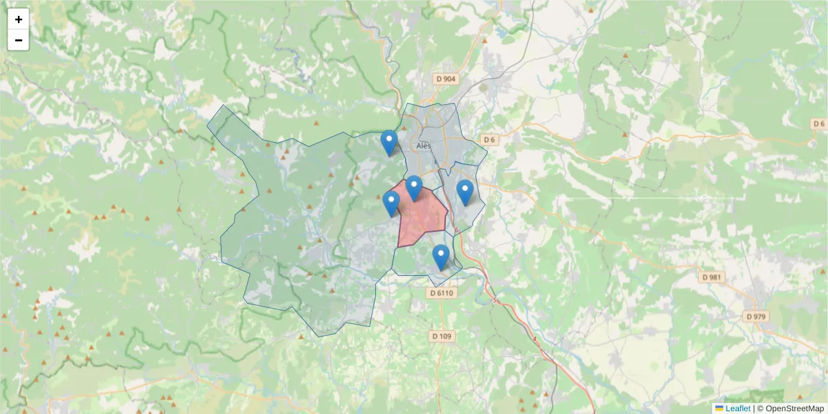 Carte de la zone du code postal  et des codes postaux voisins en France