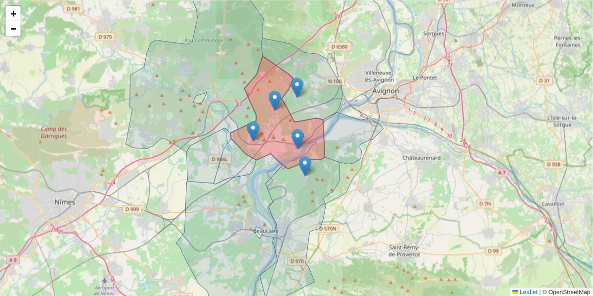Carte de la zone du code postal  et des codes postaux voisins en France