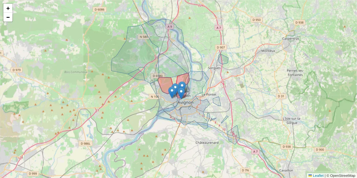 Carte de la zone du code postal  et des codes postaux voisins en France