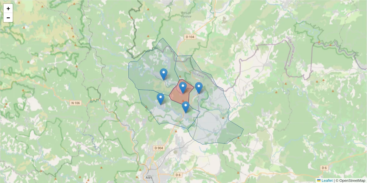 Carte de la zone du code postal  et des codes postaux voisins en France
