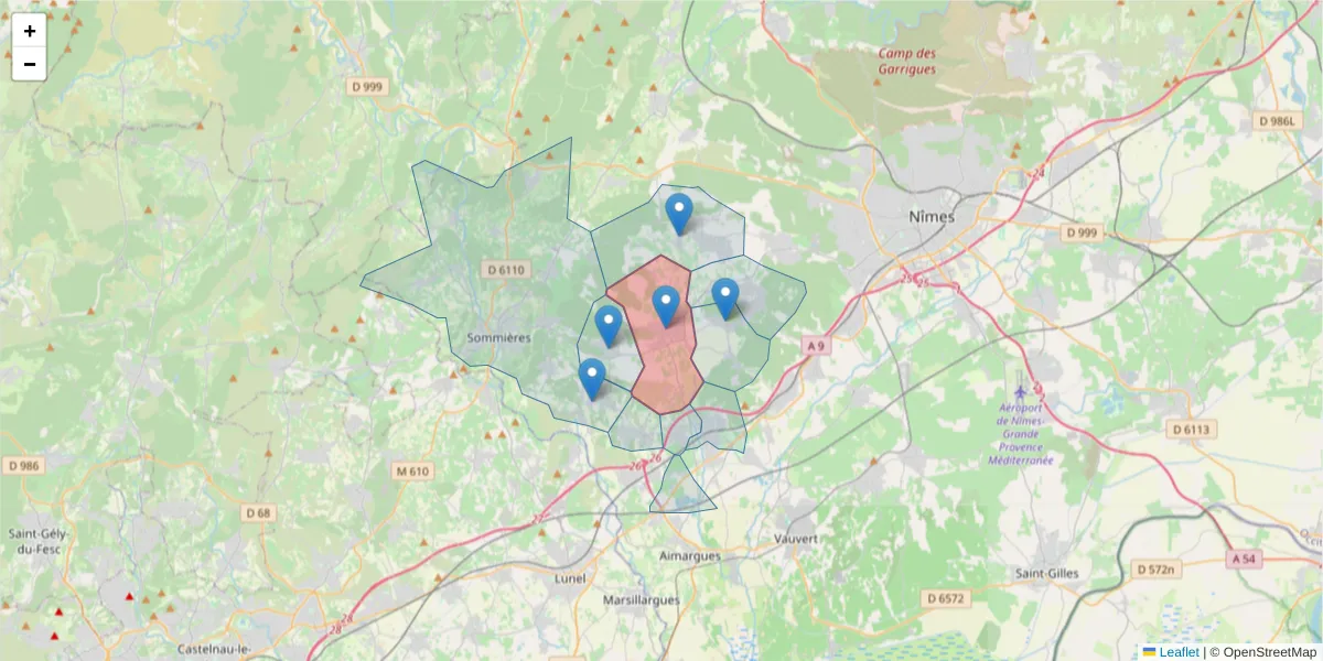 Carte de la zone du code postal  et des codes postaux voisins en France
