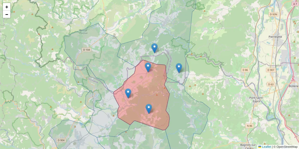 Carte de la zone du code postal  et des codes postaux voisins en France