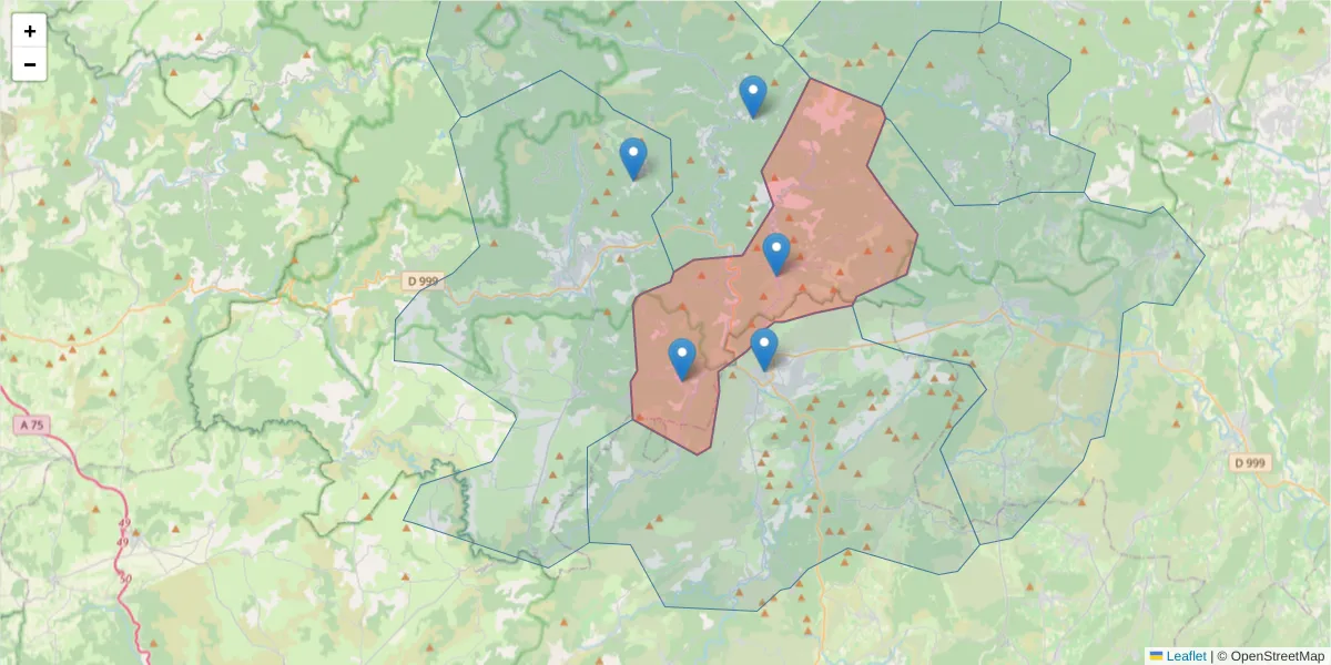 Carte de la zone du code postal  et des codes postaux voisins en France
