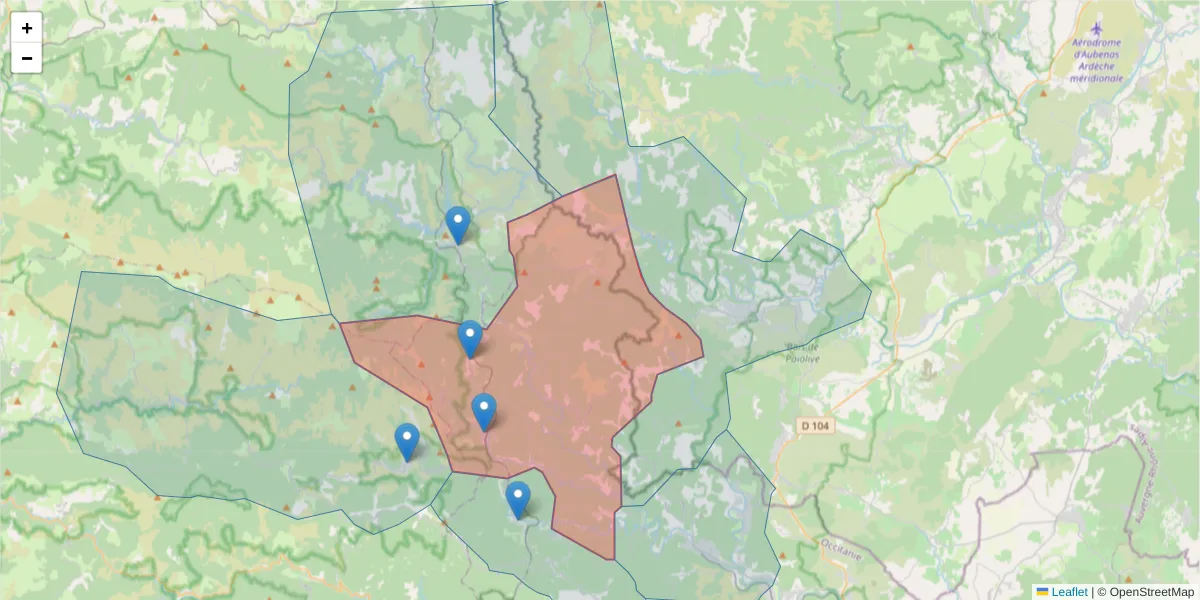 Carte de la zone du code postal  et des codes postaux voisins en France