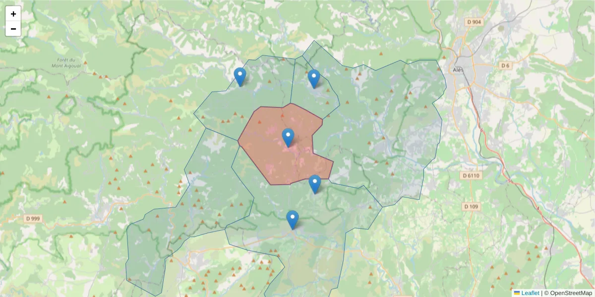 Carte de la zone du code postal  et des codes postaux voisins en France